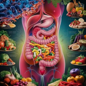 A visually appealing and educational image displaying the importance of gut health. The image features a cross-section of the human body, with the digestive system highlighted. The intestines are shown in vibrant colors, and there is a close-up of beneficial bacteria thriving within the gut. There are also diagrams of various foods that promote gut health, such as fruits, vegetables, and fermented products. The overall ambiance of the image is informative and aesthetically pleasing.